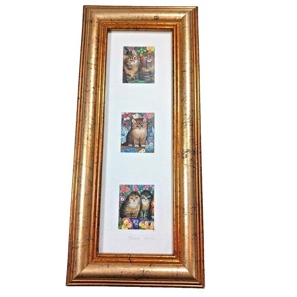 Sharon Jervis Cats Gold Framed Lithograph Made In England Signed Trio of… - Picture 1 of 7
